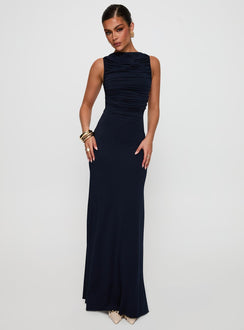 front view of model wearing Princess Polly Undeniable Cut Out Maxi Dress Navy High Neck 