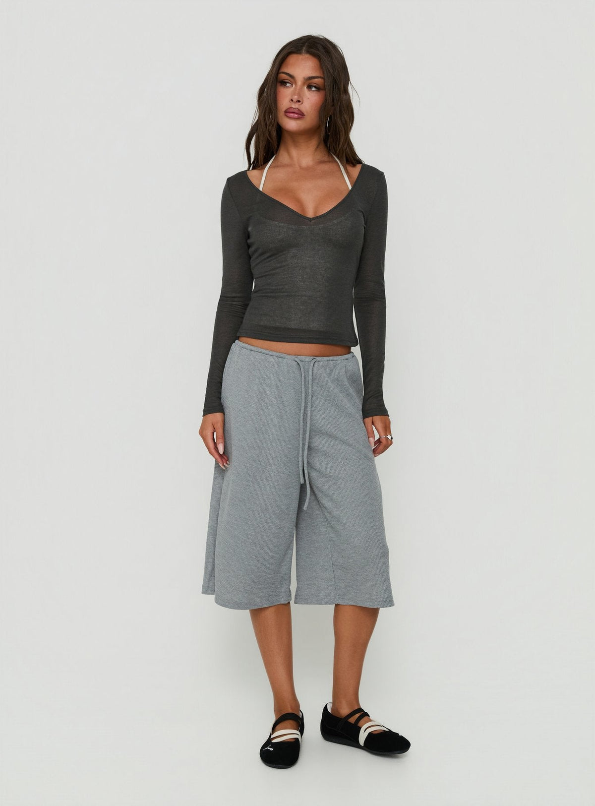 Kaiyah Sheer V Neck Long Sleeve Top Slate