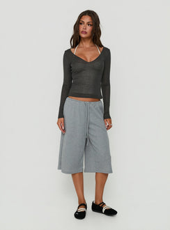 Kaiyah Sheer V Neck Long Sleeve Top Slate