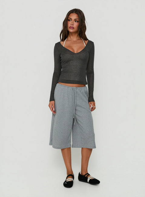 Kaiyah Sheer V Neck Long Sleeve Top Slate