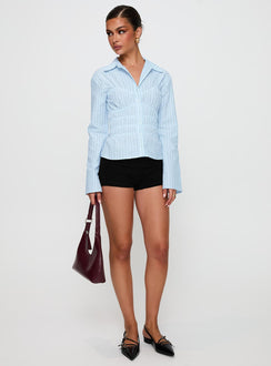 front view of model wearing Princess Polly Liesel Shirred Long Sleeve Top Stripe Full Sleeves V-Neck 