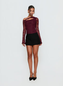 front view of model wearing Princess Polly Macaria Long Sleeve Lace Bodysuit Red Long Sleeve Tops Bodysuit 