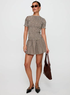 Laurita Shirred Mini Dress Brown Check Tall