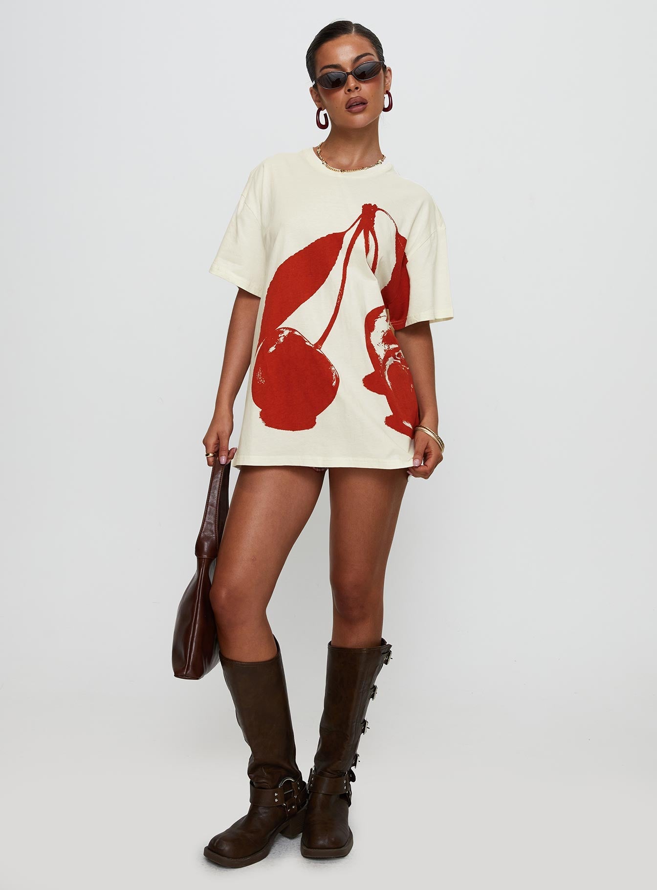 front view of model wearing Princess Polly Cherrie Amore Oversized Tee White Half Sleeves Crew Neck 