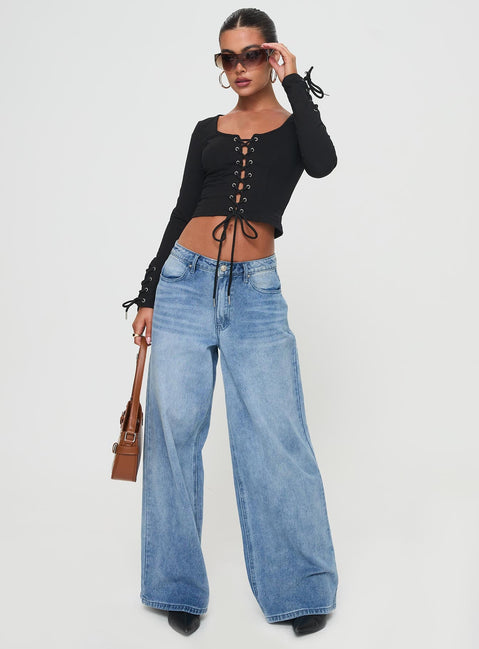 Long sleeve top Scooped neckline, lace up front and cuffs with tie fastening, silver-toned eyelets Good stretch, unlined 