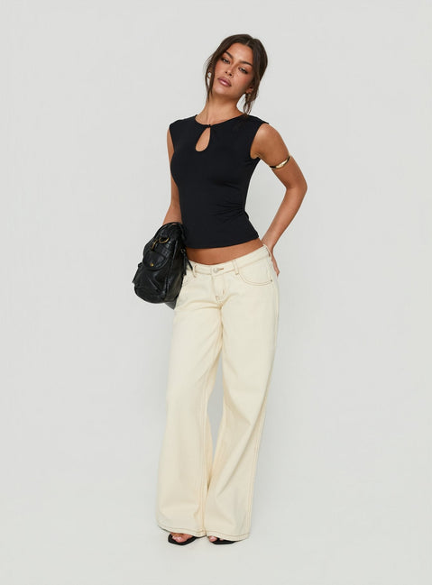 Designed with Picco Ultra Low Rise Wide Leg Jeans Cream in womens-jeans featuring low-rise detail view of model wearing