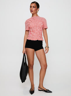 side view of model wearing Princess Polly Maybe Tomorrow Ruched Top Red Check Short Sleeves High Neck 