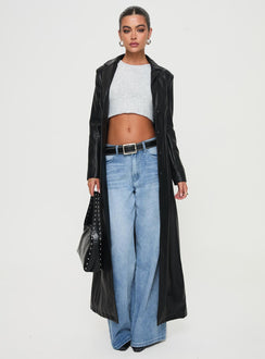 <ul> <li>Faux leather coat</li> <li>Lapel collar, button fastening down front, shoulder pads</li> </ul>