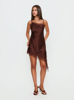 Malakhai Lace Asymmetrical Mini Dress Chocolate
