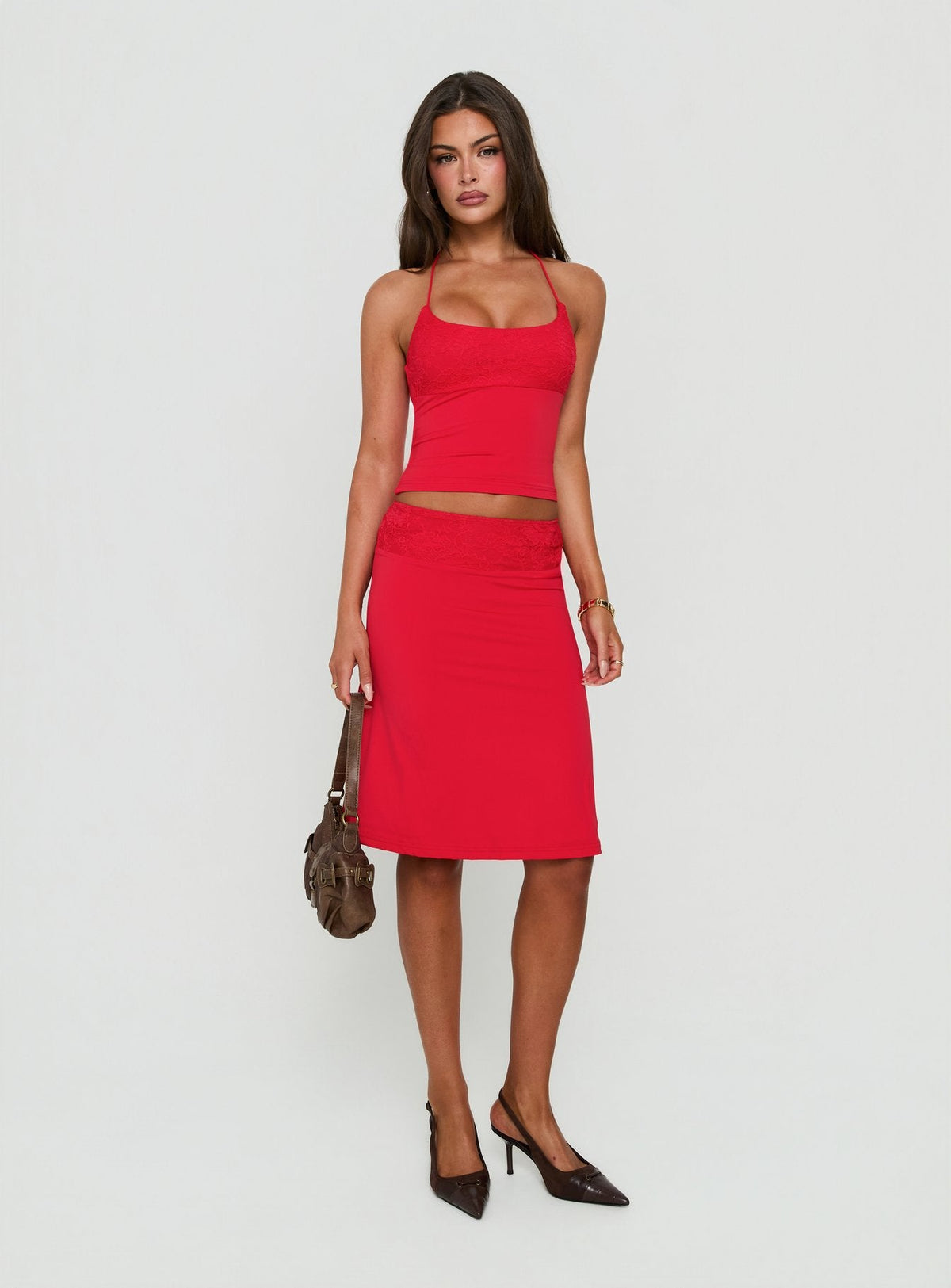 Zenaide Lace Detail Halter Tank Top Red