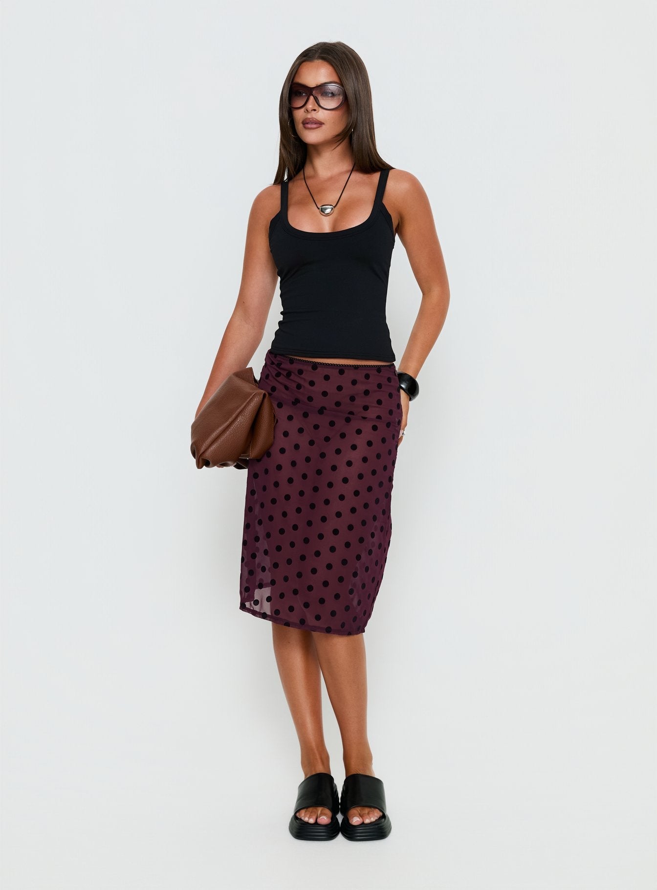  front view of model wearing Princess Polly Evani Sheer Chiffon Midi Skirt Polka Maroon Midi Skirts 