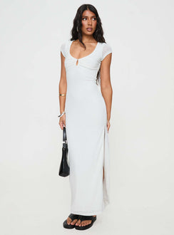 White Maxi dress Scooped neckline, keyhole cut out at bust, hook & eye fastening, high leg slit