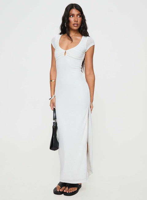 White Maxi dress Scooped neckline, keyhole cut out at bust, hook & eye fastening, high leg slit