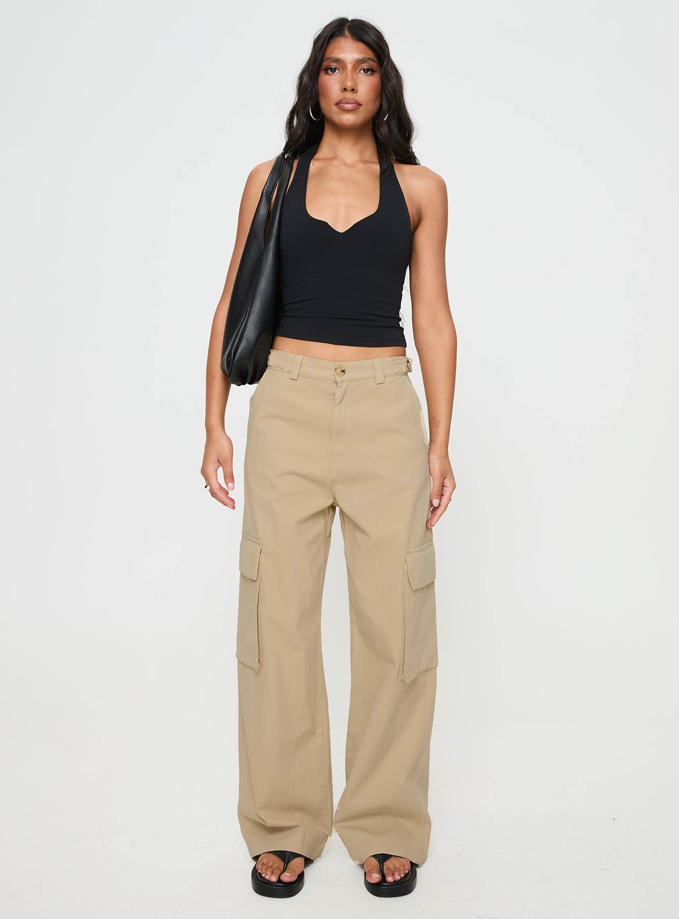 Beige cargo pants Mid rise fit, wide leg, zip pocket design