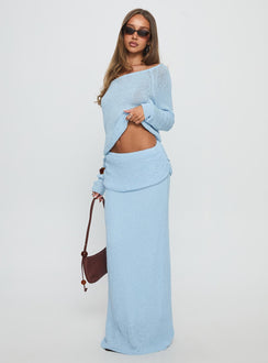 side view of model wearing Princess Polly Ravira Wide Neck Knit Sweater Blue cropped 