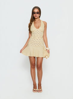 Mariellen Halter Mini Dress Yellow Polka Dot