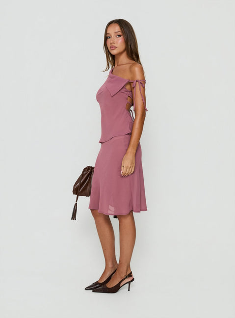 Featuring the Vianna Sheer Midi Skirt Pink womens-skirts in midi length side view of model wearing Princess Polly