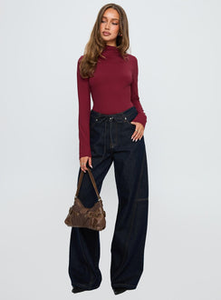 front view of model wearing Princess Polly Augustness Long Sleeve Bodysuit Burgundy Long Sleeve Tops Bodysuit 