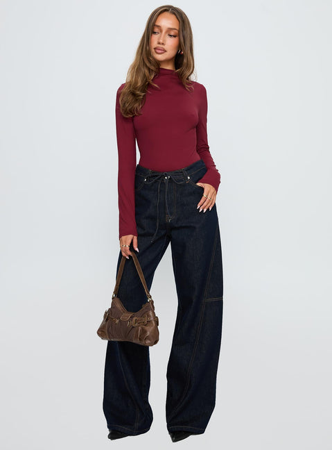 front view of model wearing Princess Polly Augustness Long Sleeve Bodysuit Burgundy Long Sleeve Tops Bodysuit 