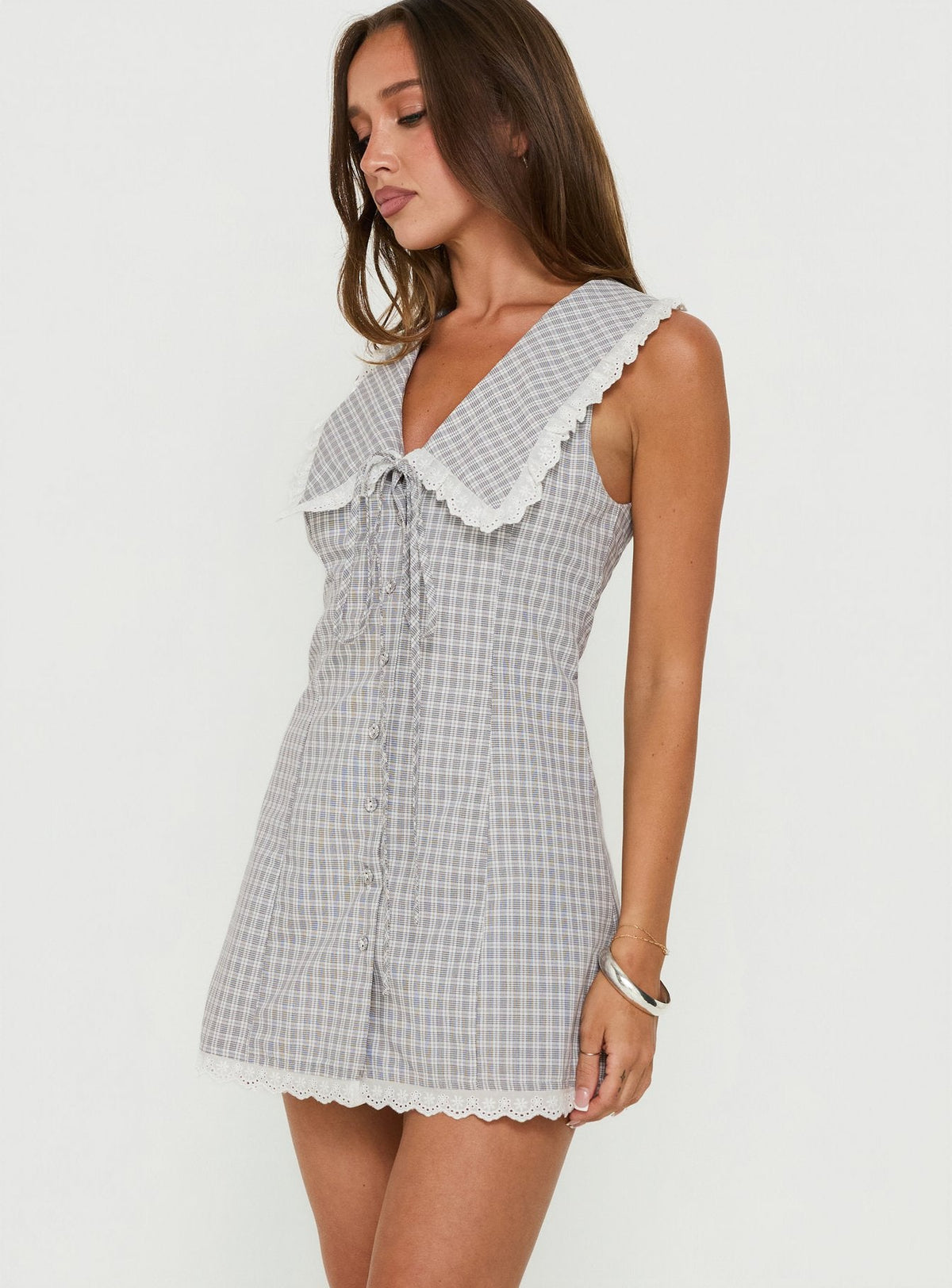 Mayci Collared Lace Trim Romper White Check