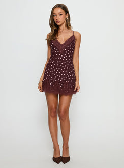 Call My Lover Lace Slip Mini Dress Brown Polka