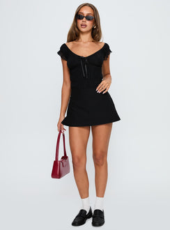 front view of model wearing Princess Polly Ahead Of Myself Off Shoulder Bodysuit Black Short Sleeves 