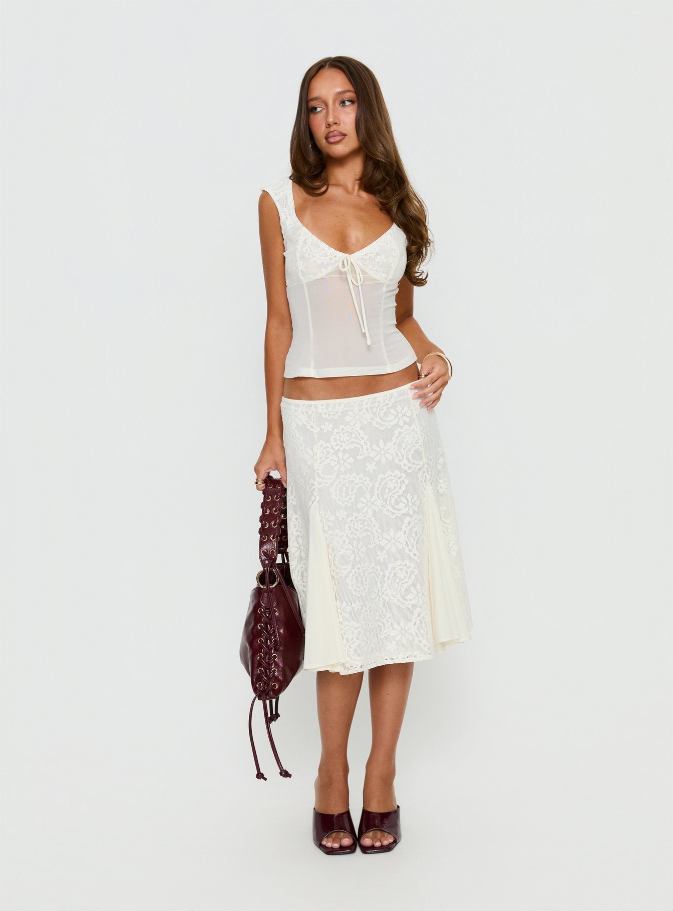 back view of model wearing Princess Polly Quani Lace Midi Skirt Cream Midi Skirts 