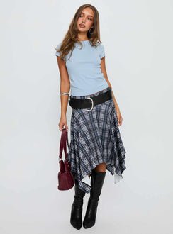 front view of model wearing Princess Polly Prestige Longline Baby Tee Soft Blue Short Sleeves Crew Neck 