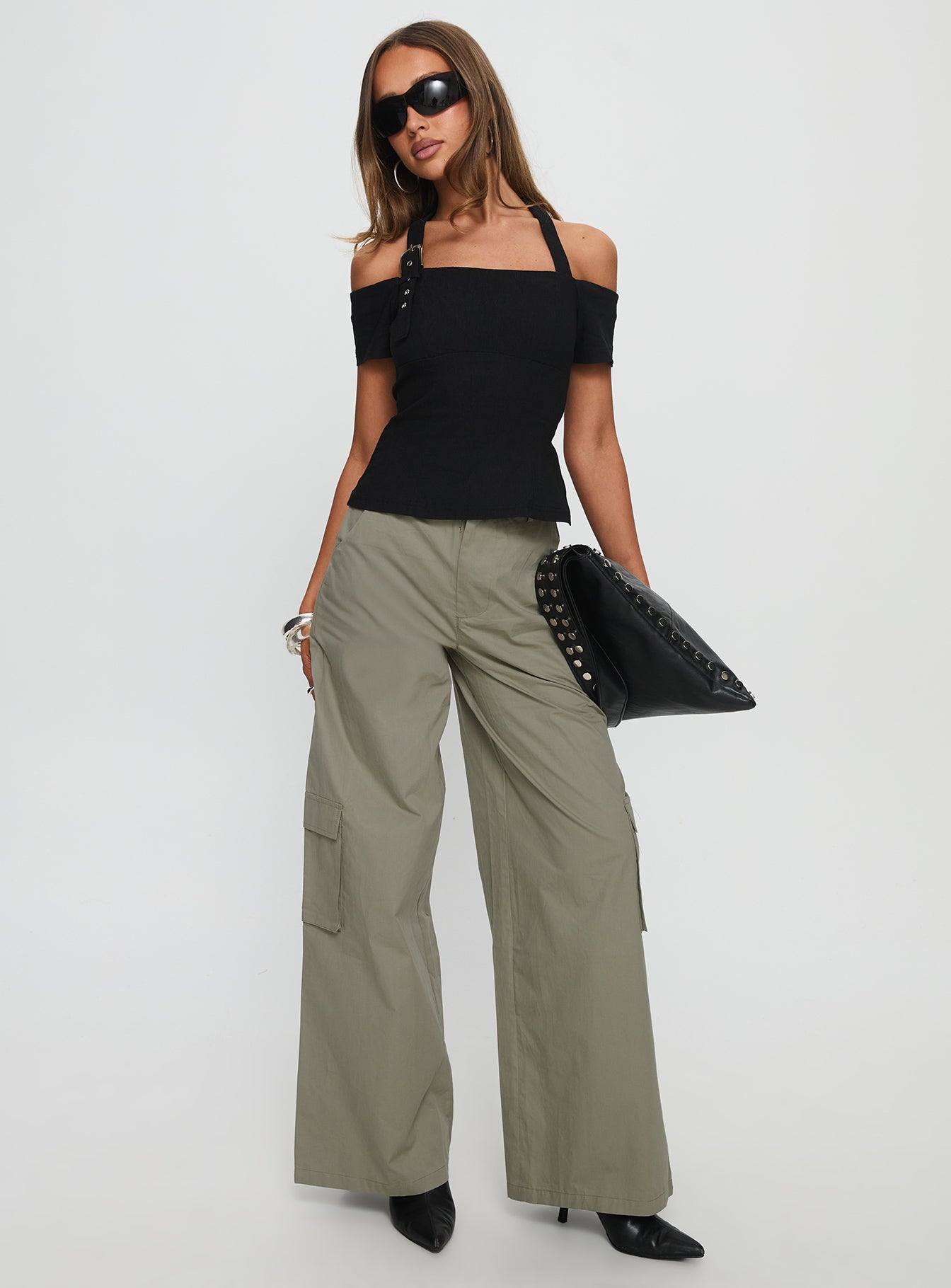 front view of model wearing Princess Polly Companions Cargo Slack Pant Khaki High Waisted Pants 
