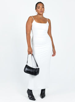 White maxi dress Mesh material Adjustable shoulder straps Low back Good stretch Fully lined