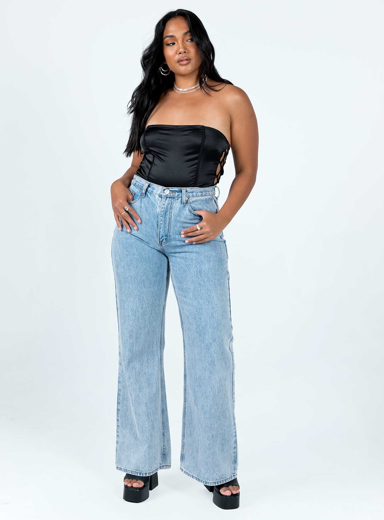 back view of model wearing Princess Polly Benko Strapless Bodysuit Black Sleeveless straight 