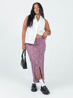 Front view of model wearing  front Motel Relow Skirt 90S Floral Burgundy Princess Polly  Maxi 