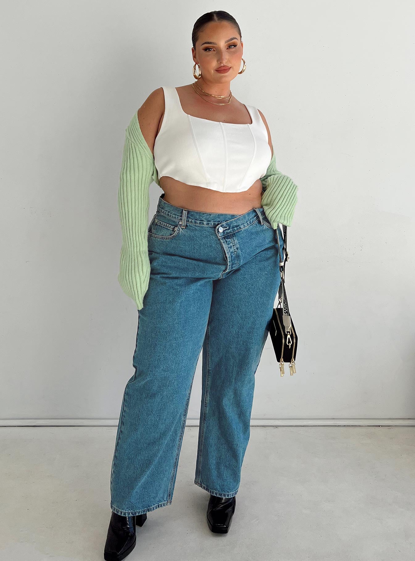 product Princess Polly Mid Rise  Holly Asymmetric Straight Leg Jean Mid Wash Denim Curve