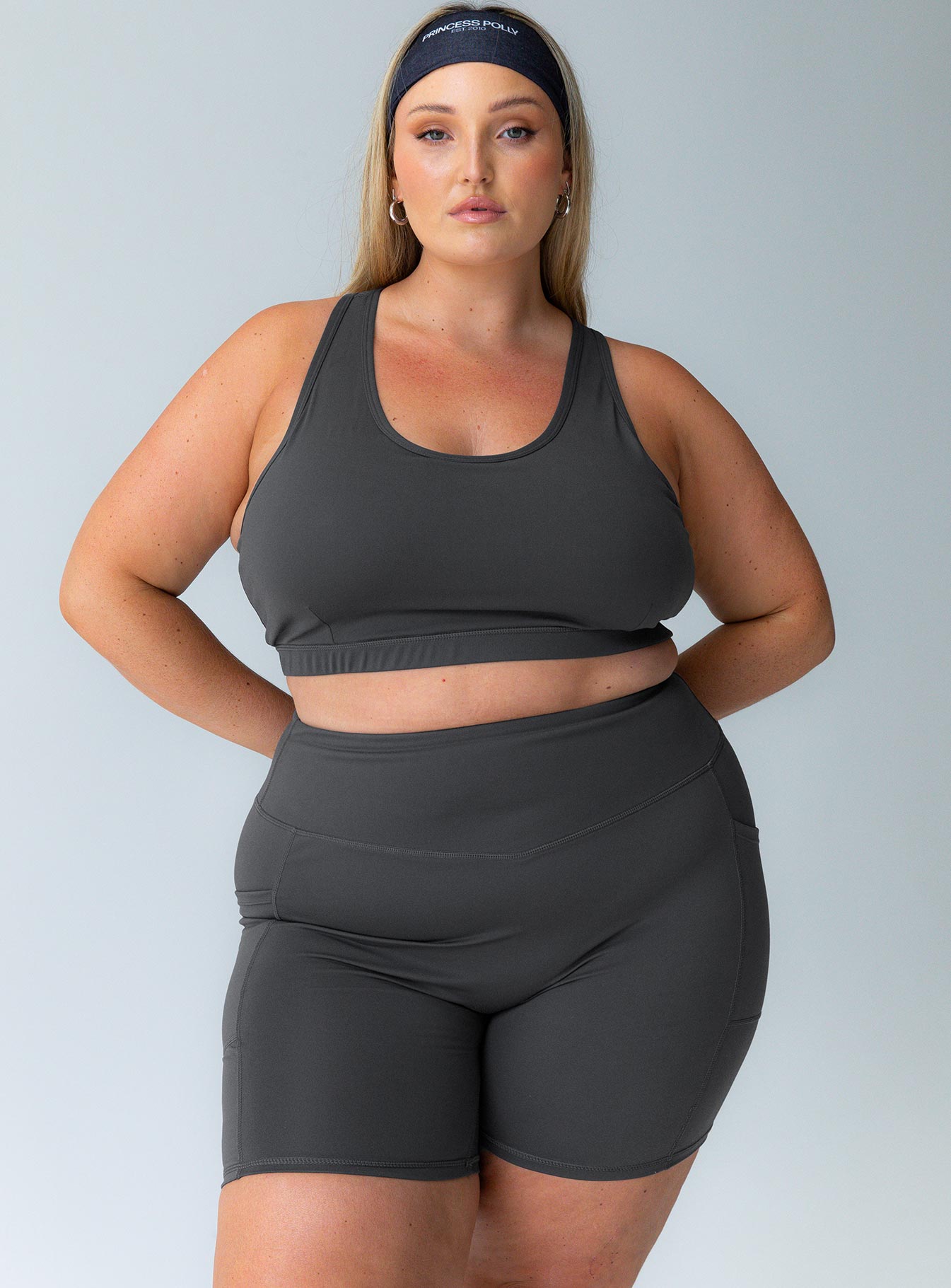 Grey high waist active shorts side pocket