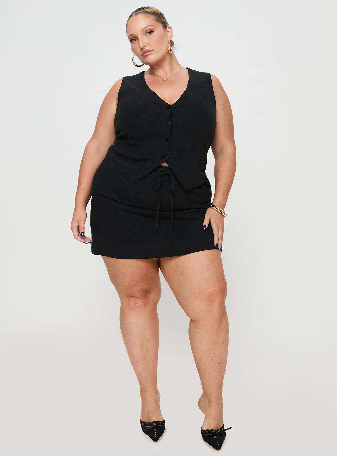 Black Linen vest top V-neckline, button closure, tie detail at back