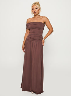 back view of model wearing Princess Polly Decadence Strapless Maxi Dress Brown Straight Neck 