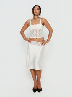 Evlin Lace Detail Satin Midi Skirt Cream
