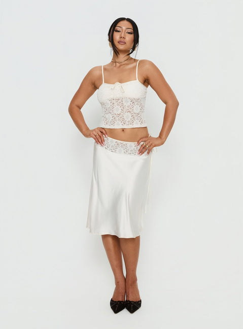 Evlin Lace Detail Satin Midi Skirt Cream