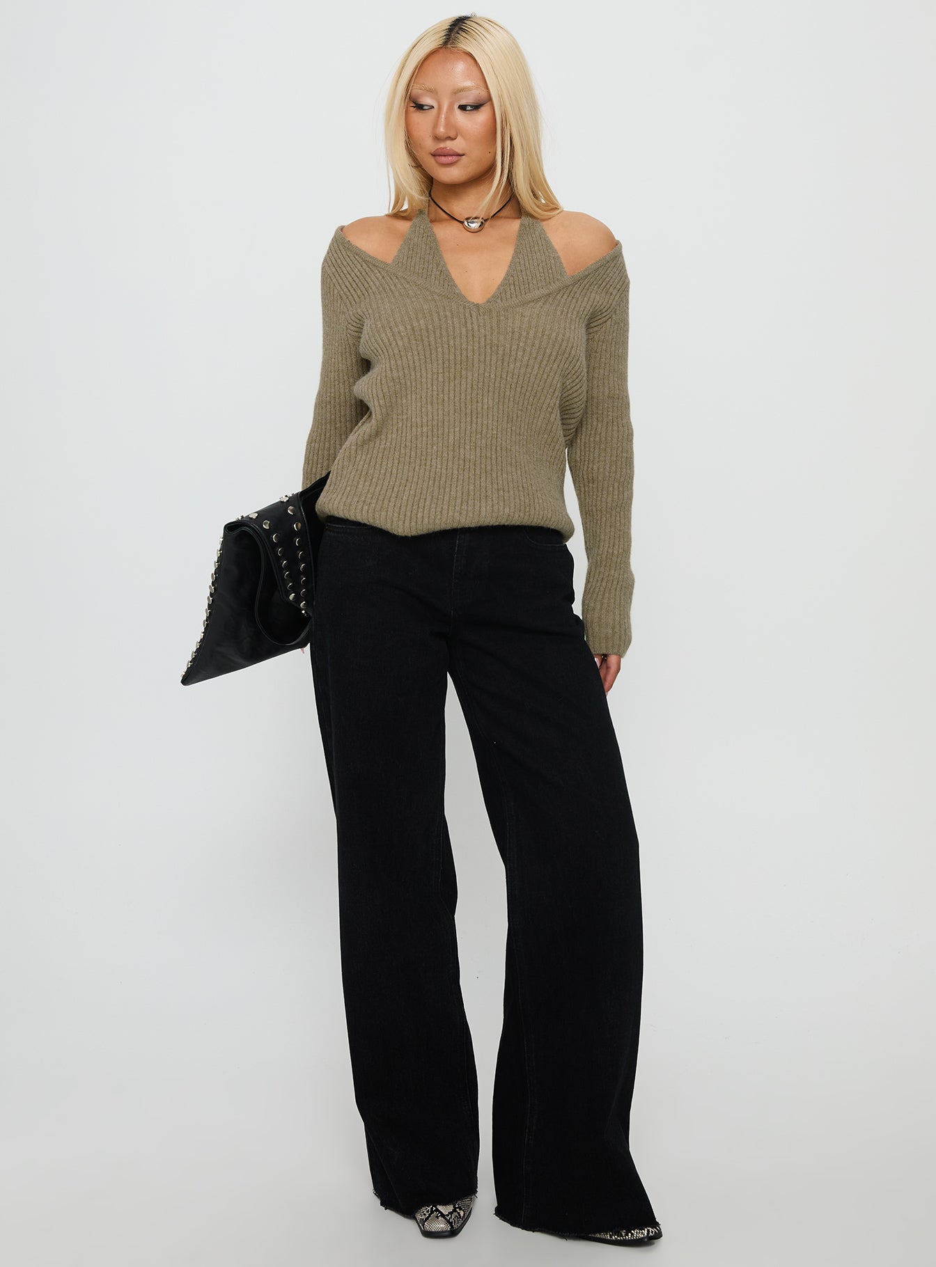 Sensibility Halter Detail Knit Sweater Green