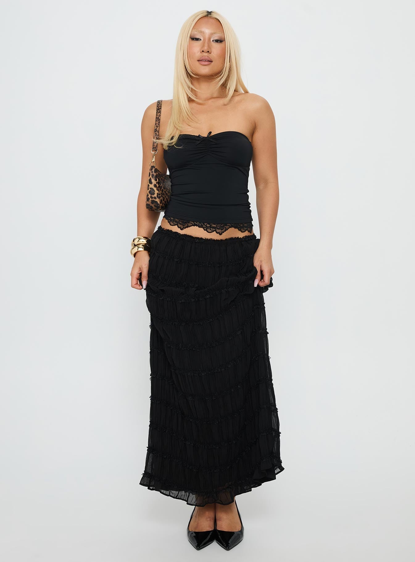   front view of model wearing Princess Polly Estefania Maxi Skirt Black Maxi 