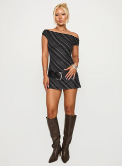 front view of model wearing Princess Polly Hari Mini Dress Stripe Asymmetric Neckline 