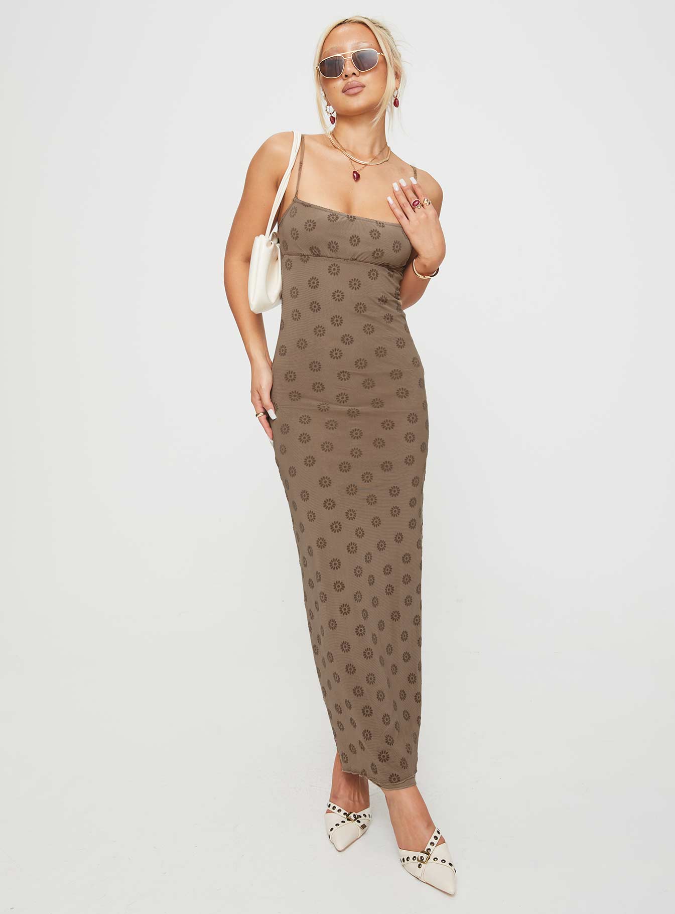 side view of model wearing Princess Polly Darsih Maxi Dress Light Brown Square Neck 
