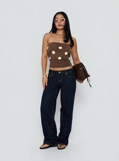 Tahlie Cinched Strapless Knit Top Brown Polka Dot