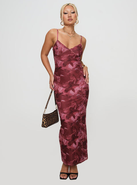 side view of model wearing Princess Polly Hathaway Maxi Dress Burgundy Floral V-Neck 