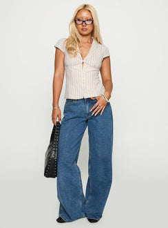 side view of model wearing Princess Polly Ellis Island Collared Top Pink Stripe Short Sleeves Plunger 