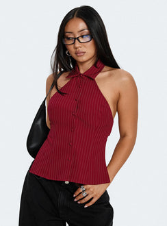 Roanne Backless Collared Top Red Stripe