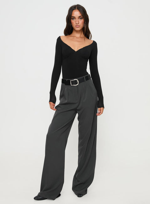 front view of model wearing Princess Polly Loveydove Bodysuit Black Long Sleeve Tops 