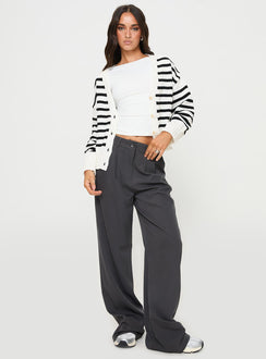 side view of model wearing Princess Polly Karlson Striped Cardigan Cream / Black cropped 