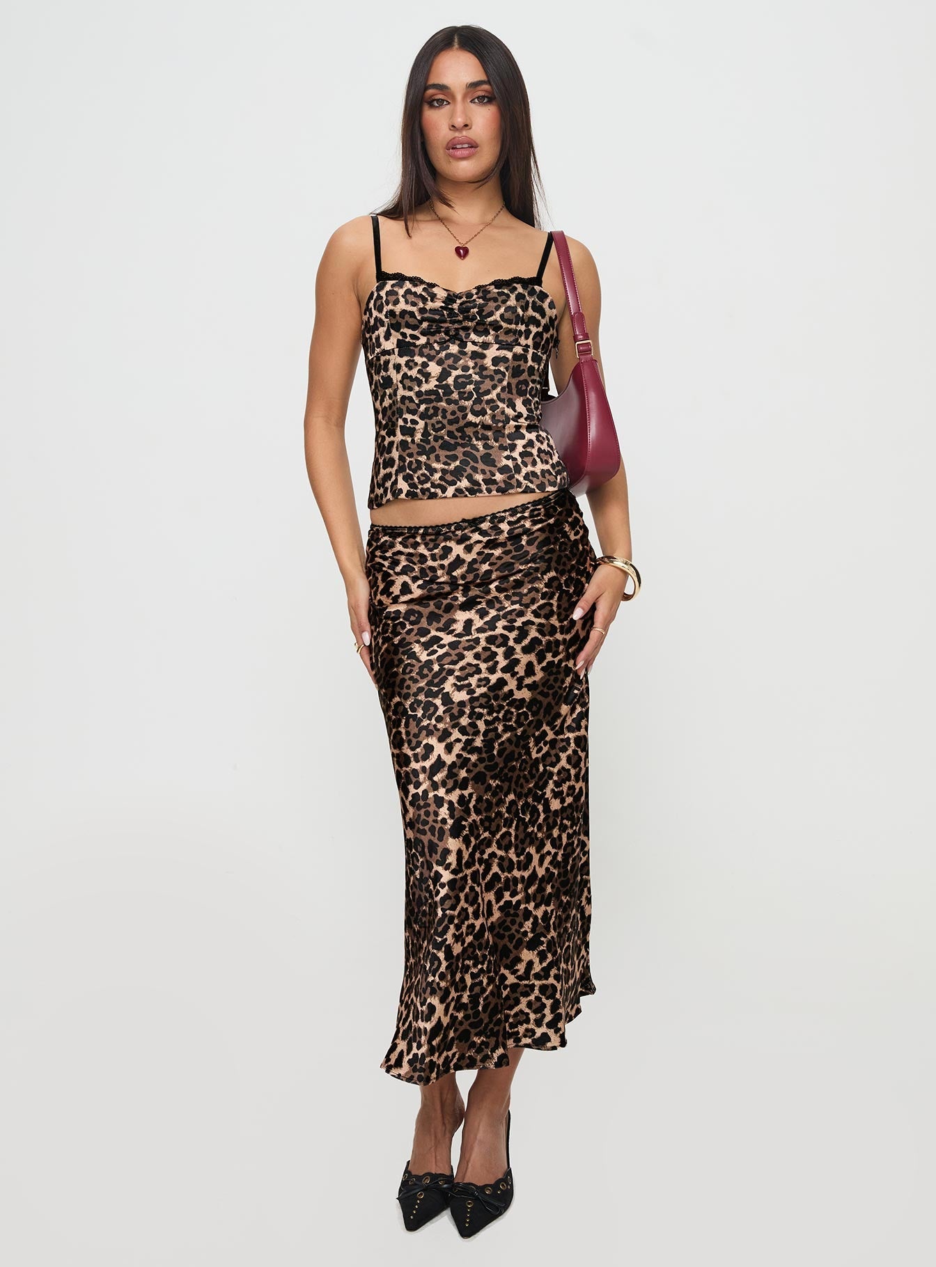   front view of model wearing Princess Polly Enigmatic Maxi Skirt Leopard Maxi 