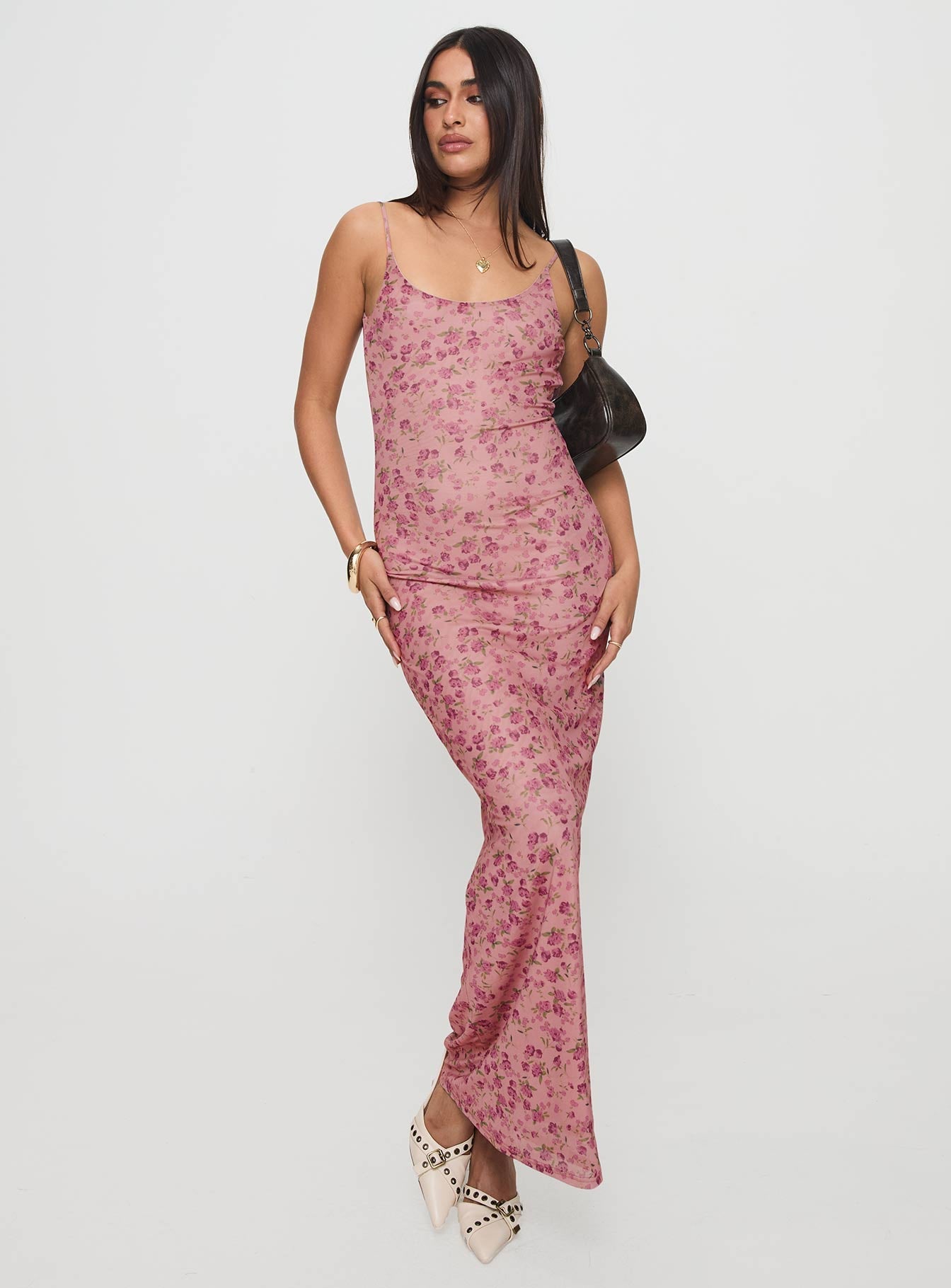 front view of model wearing Princess Polly Kastin Maxi Dress Pink Floral Scoop Neck 